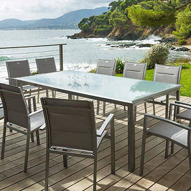 Table rectangulaire 8 places avec plateau en verre