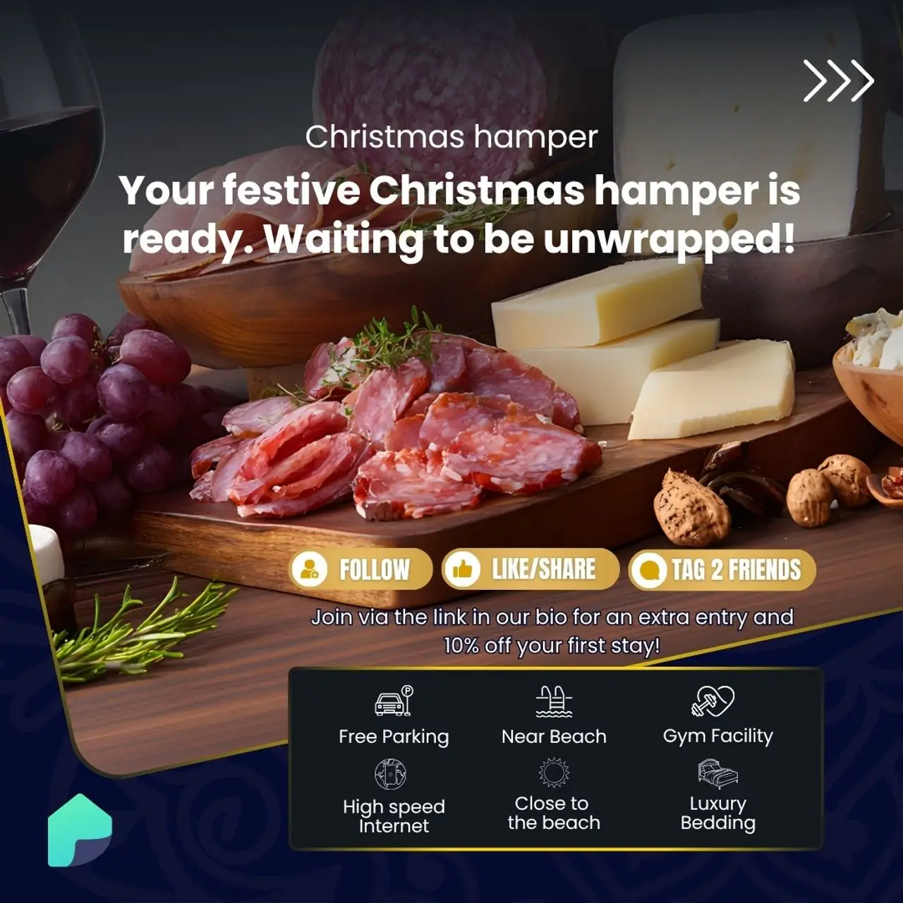 Christmas hamper with gourmet food, wine, cheese and festive treats