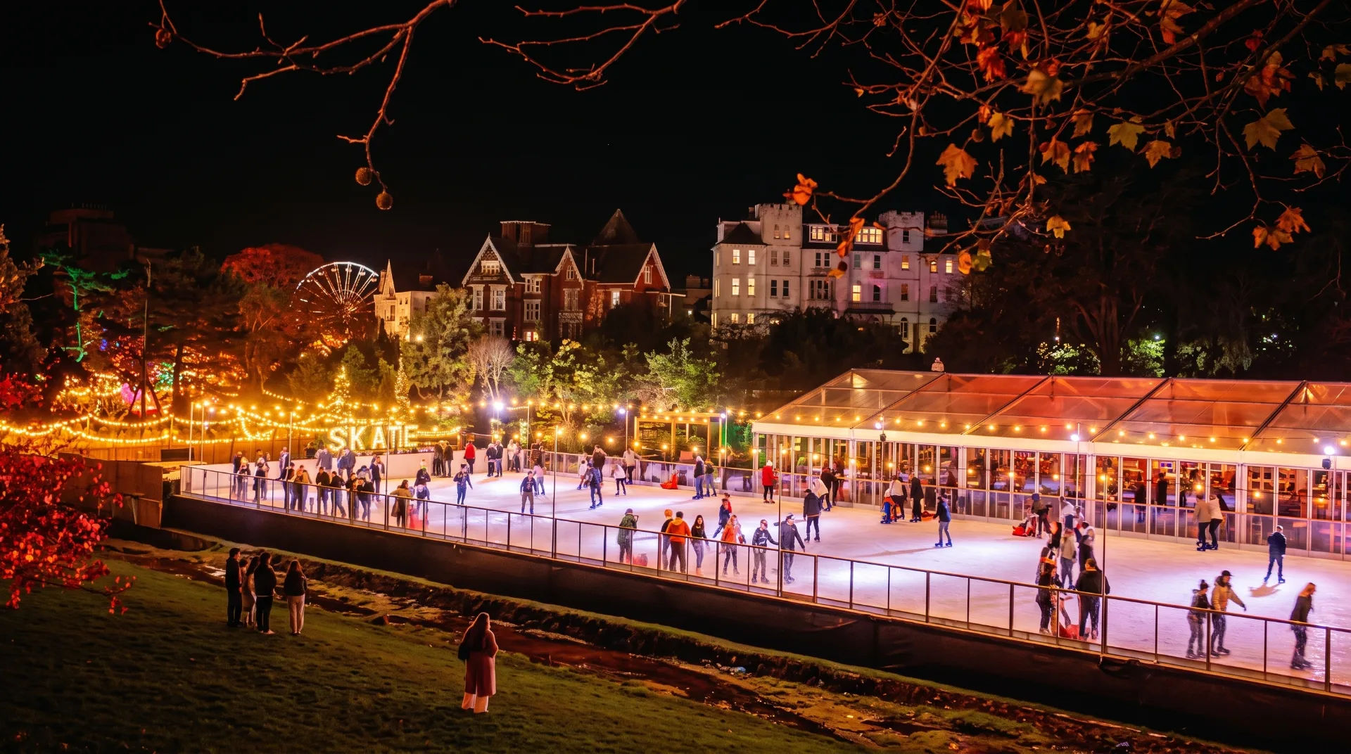 A vibrant ice skating rink at night, surrounded by festive lights and a ferris wheel in the background.