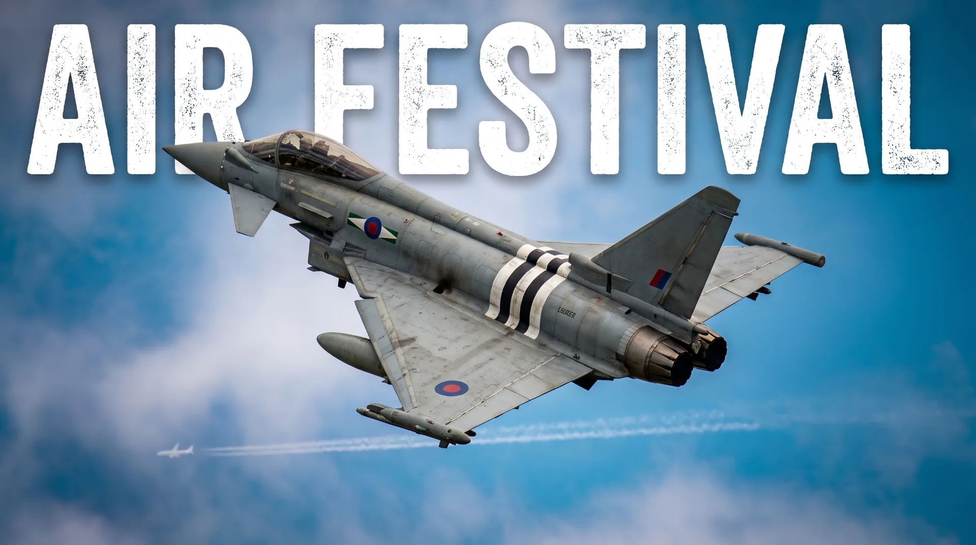 A military jet performing aerobatics against a blue sky with clouds, text overlay reads 'AIR FESTIVAL'