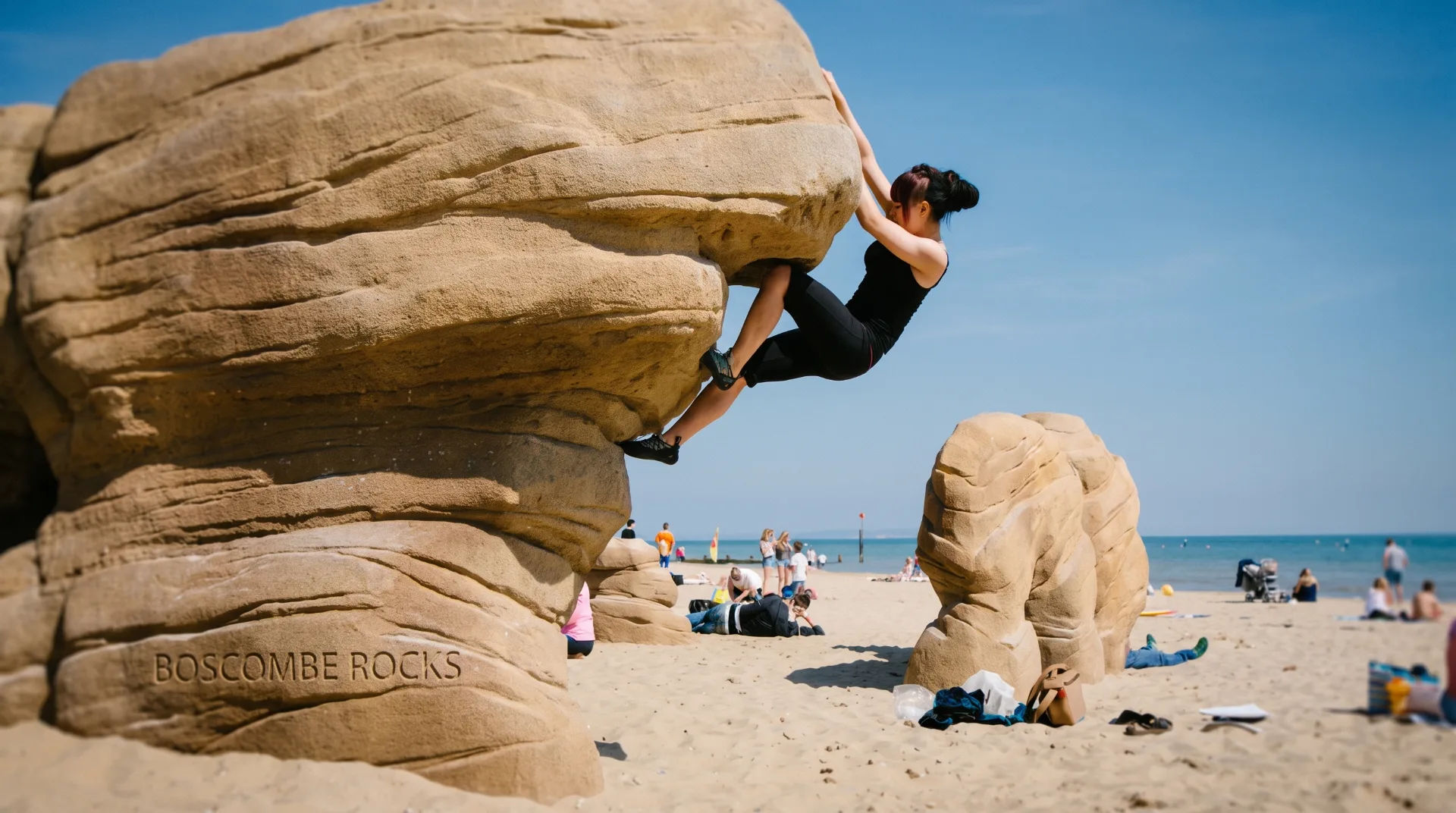A climber bouldering on a rock formation at Boscombe Beach with beachgoers in the background.