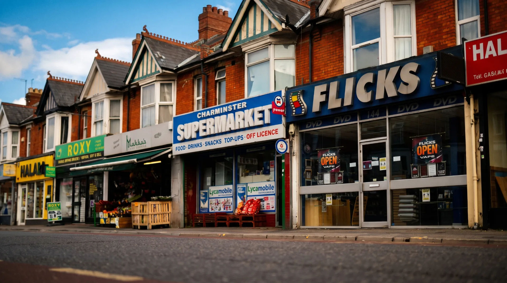 Front view of Charminster Supermarket and nearby shops on Charminster Road