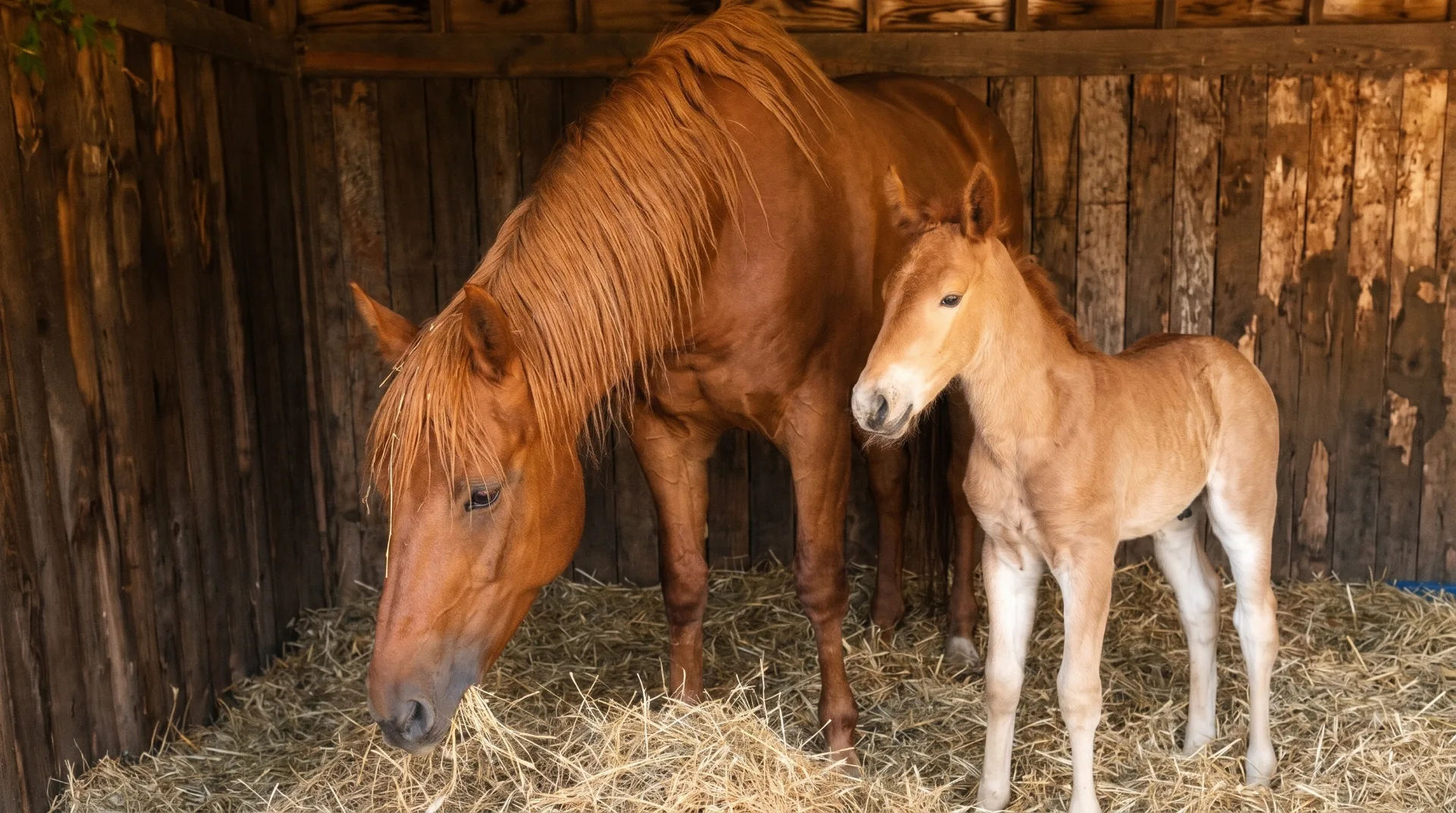 A chestnut mare and her foal standing in a wooden stable filled with straw.
