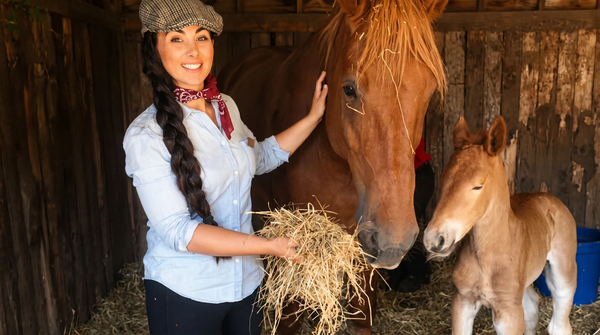 A woman in a flat cap holds hay while standing next to a brown horse and a foal in a stable.
