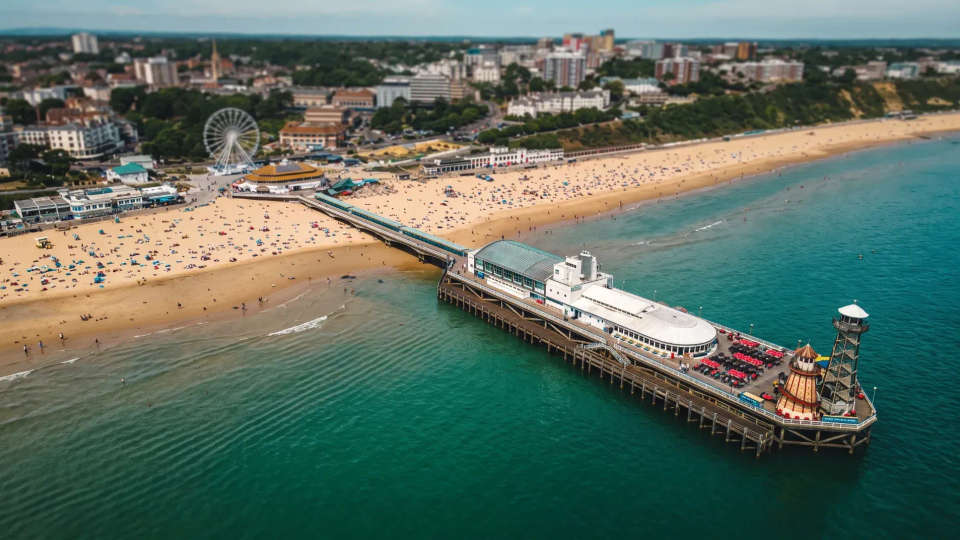 Aerial view of Bournemouth Pier and the beach in summer