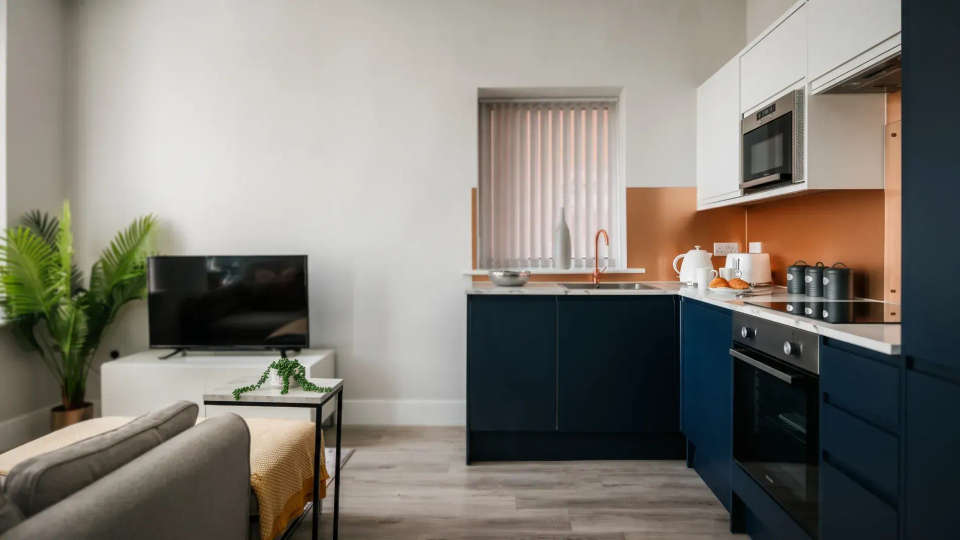 Open-plan kitchen and living space in a furnished apartment