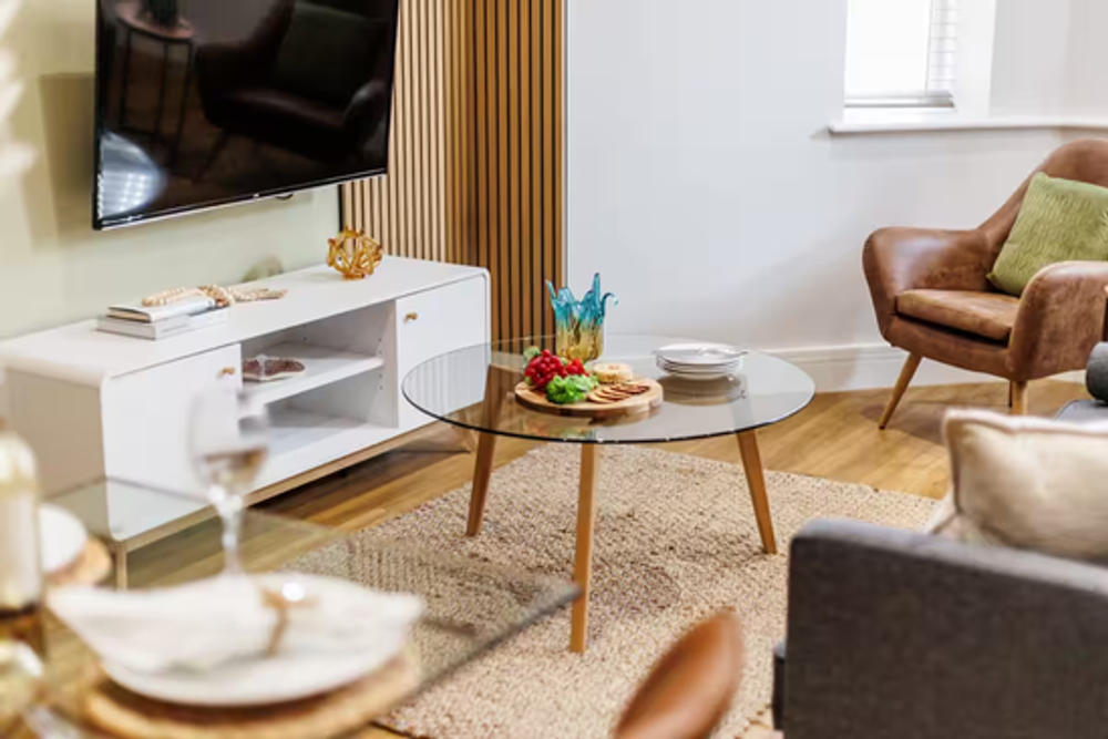 Living area of a one-bedroom apartment at Tower House
