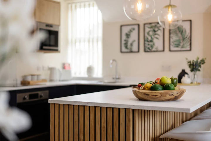 Holiday apartment kitchen with a fruit bowl ready for guests