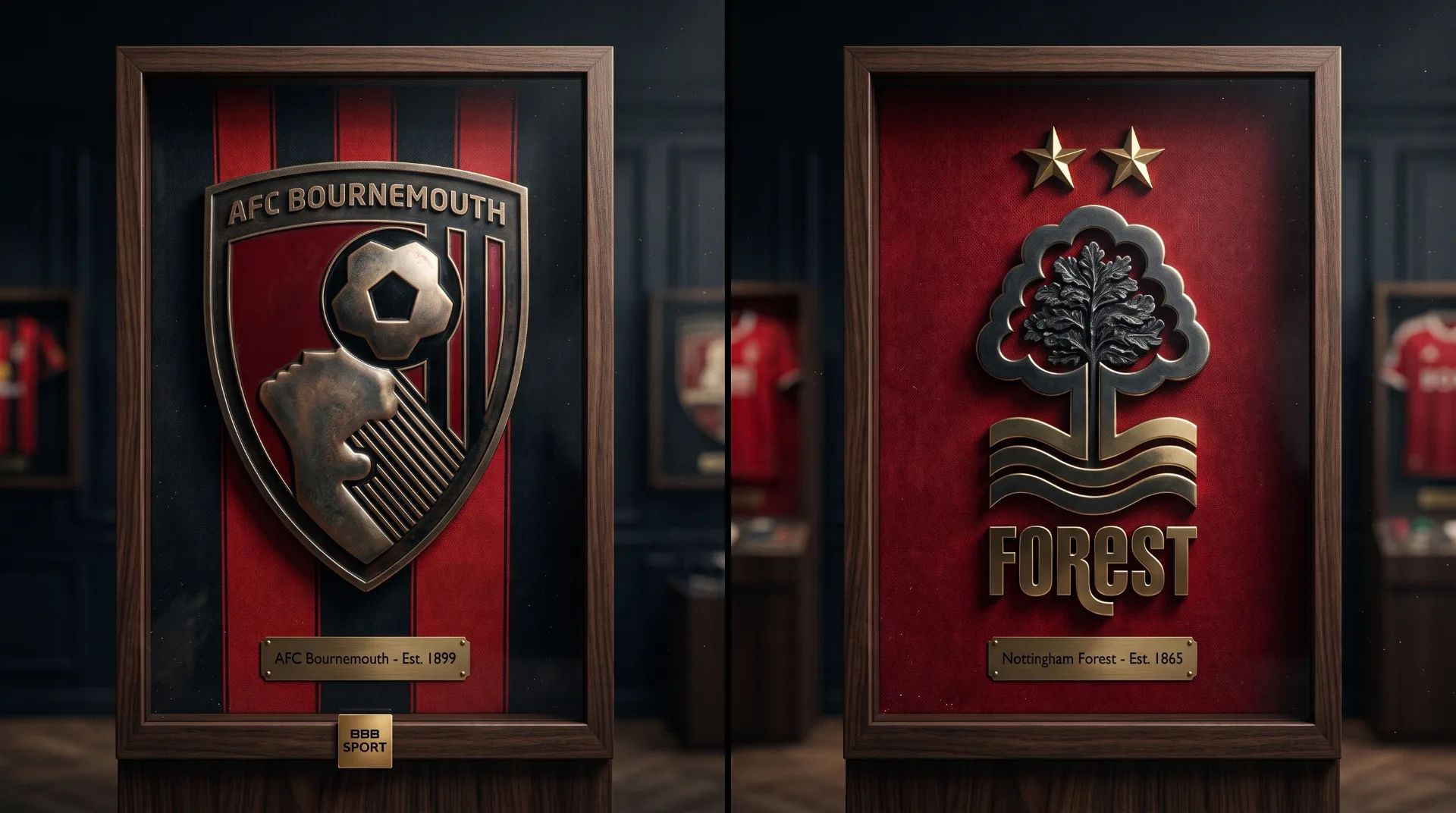 AFC Bournemouth and Nottingham Forest club crests displayed in wooden frames, with red backgrounds and gold accents.