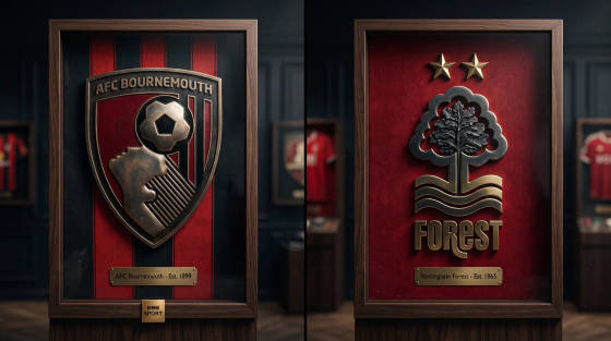 AFC Bournemouth and Nottingham Forest crests in framed displays