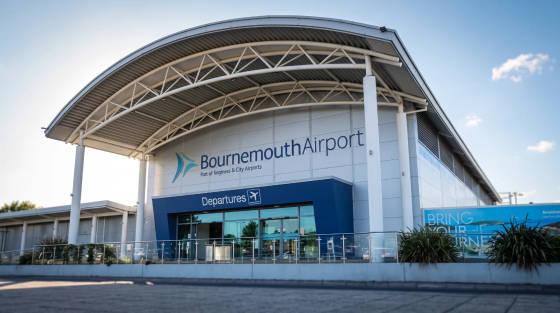 Exterior of Bournemouth Airport departures terminal with signage