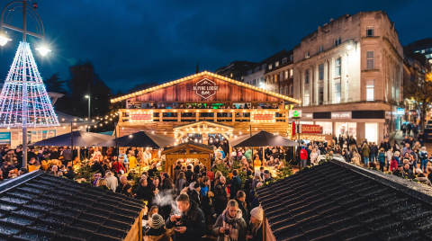Crowd enjoying the Alpine Lodge at Bournemouth Christmas Market