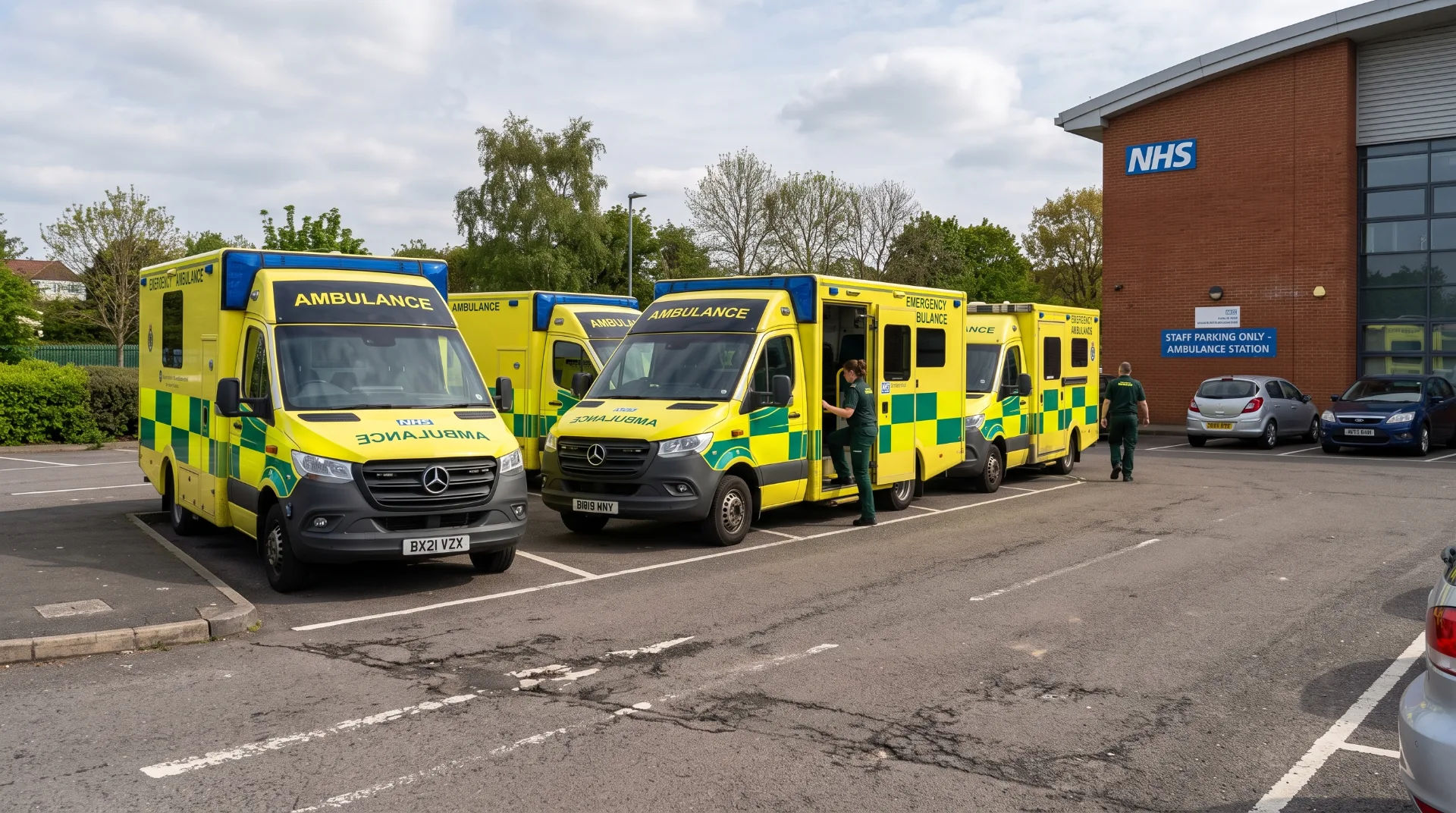 Several NHS ambulances parked outside an ambulance station, with a staff member attending to one vehicle.