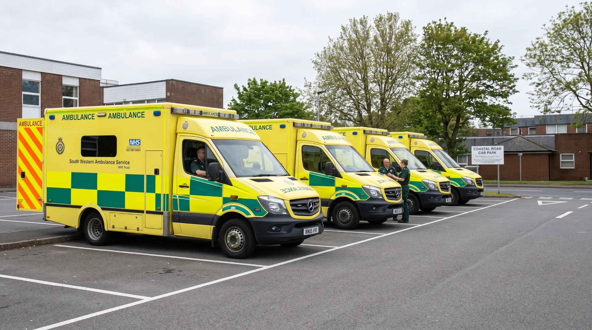 Four South Western Ambulance Service vehicles parked in a car park with paramedics discussing nearby.