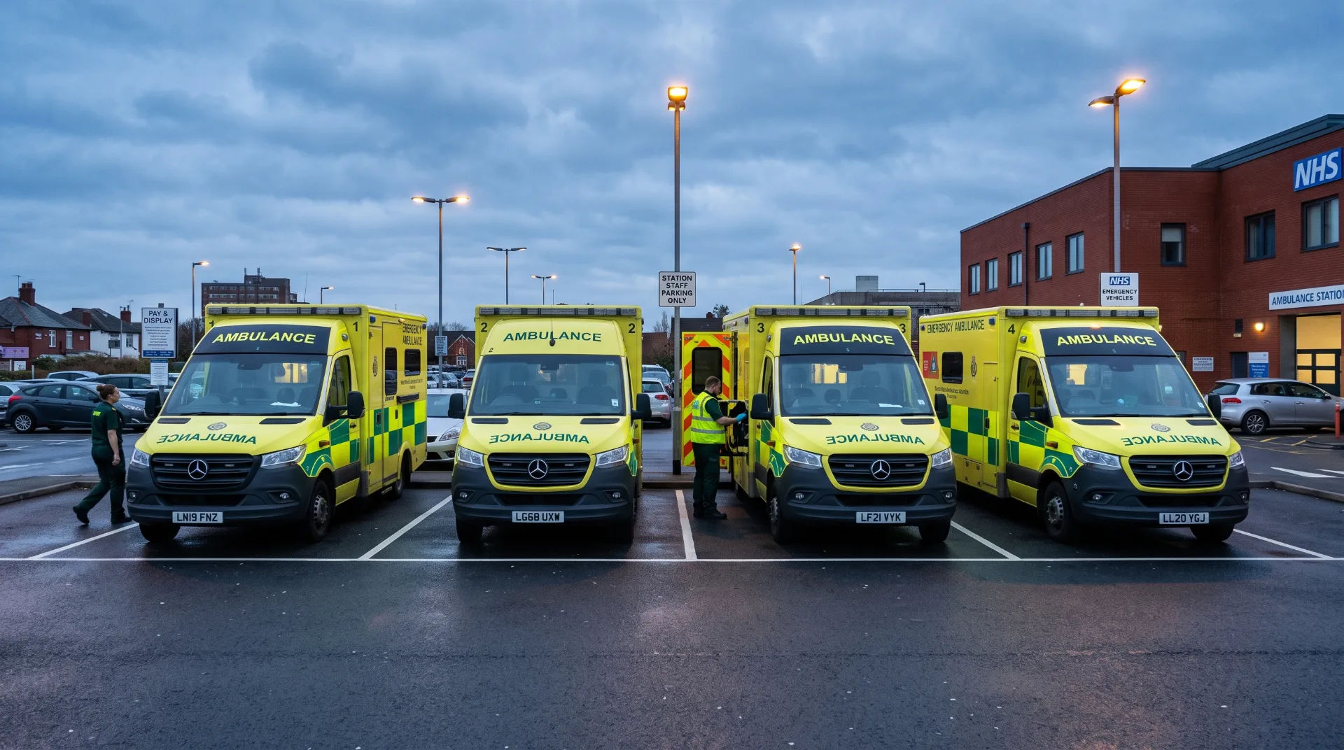Four ambulances parked in a lot outside an NHS facility, with staff attending to one vehicle under a cloudy sky.