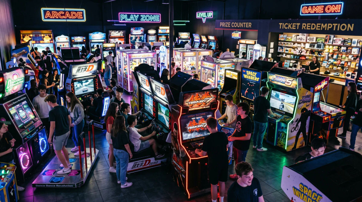 Arcade games lit up inside a Bournemouth amusement arcade