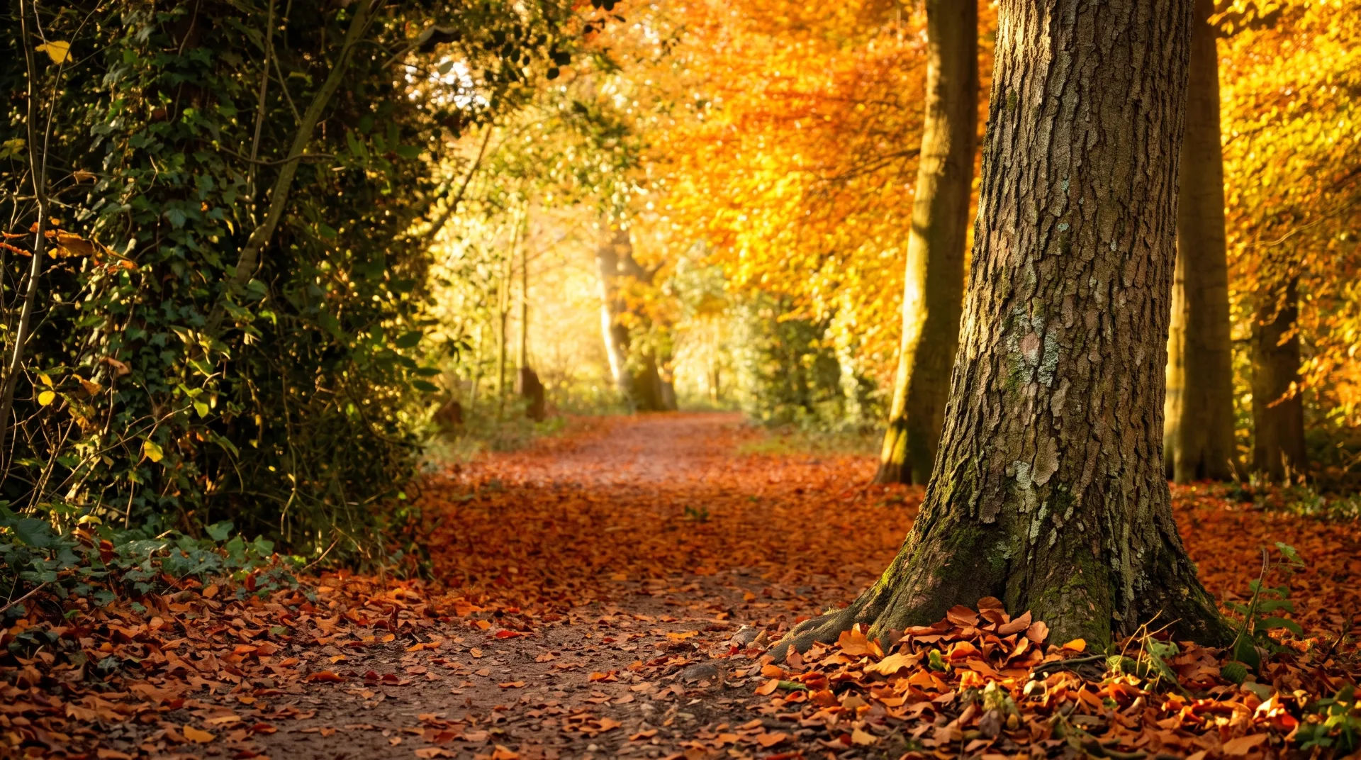 A serene woodland path covered in autumn leaves, framed by vibrant orange and yellow foliage.