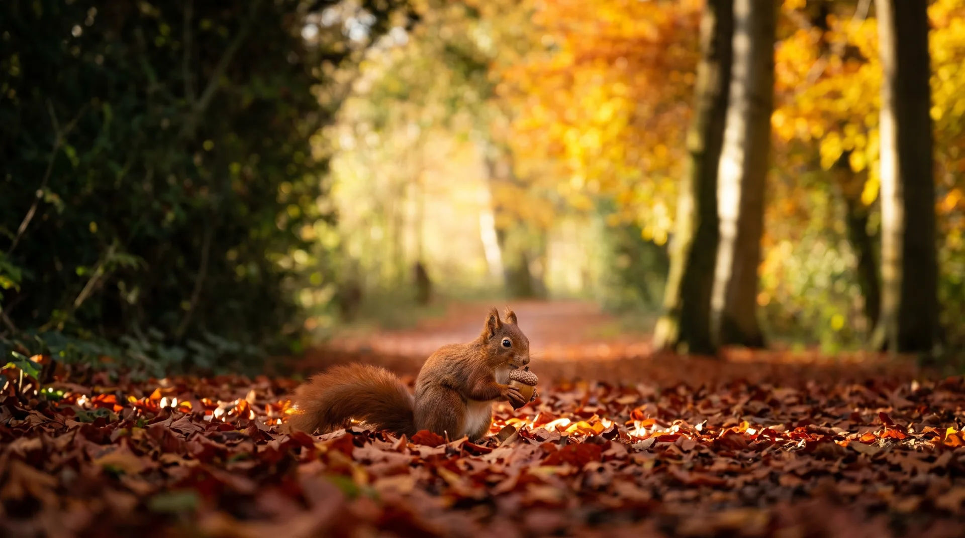 A squirrel holding an acorn amidst fallen autumn leaves on a forest path