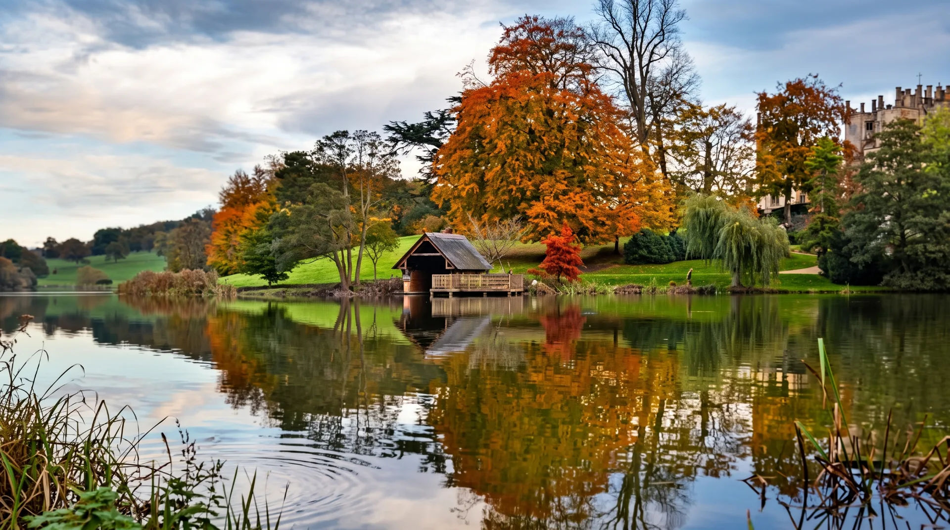 A serene lake reflecting autumn trees and a wooden boathouse under a cloudy sky.