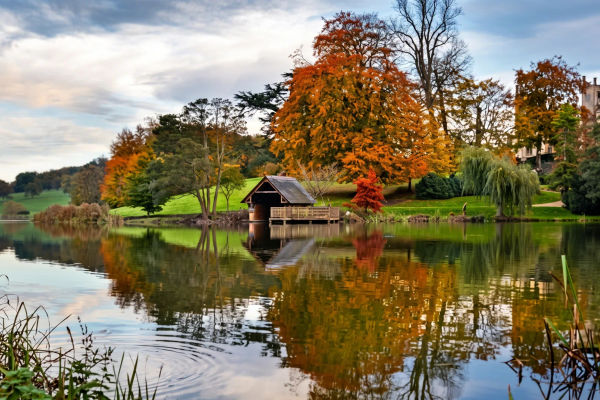 Trees in autumn colour reflected in a lake