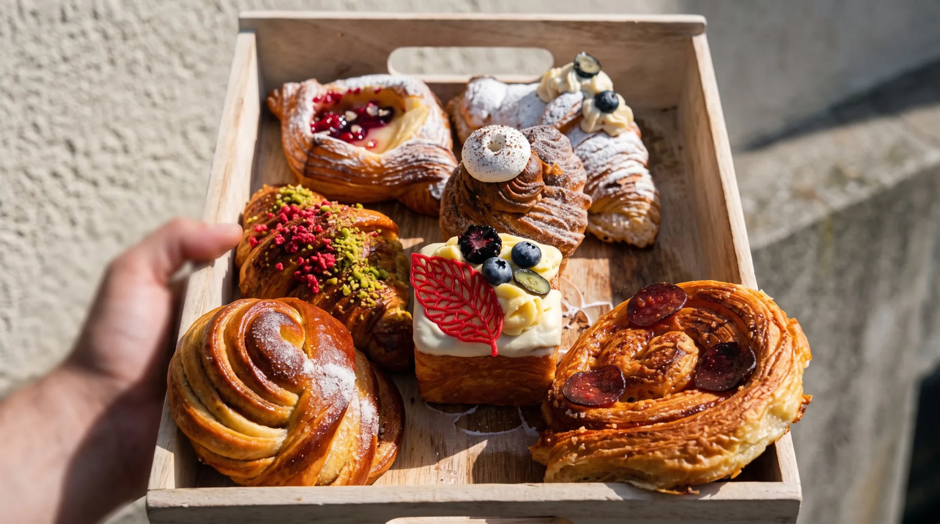 A hand holding a wooden tray filled with various pastries, including croissants and a decorated cake.