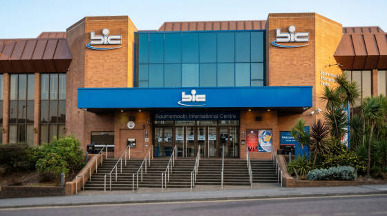 Entrance to Bournemouth International Centre with blue signage