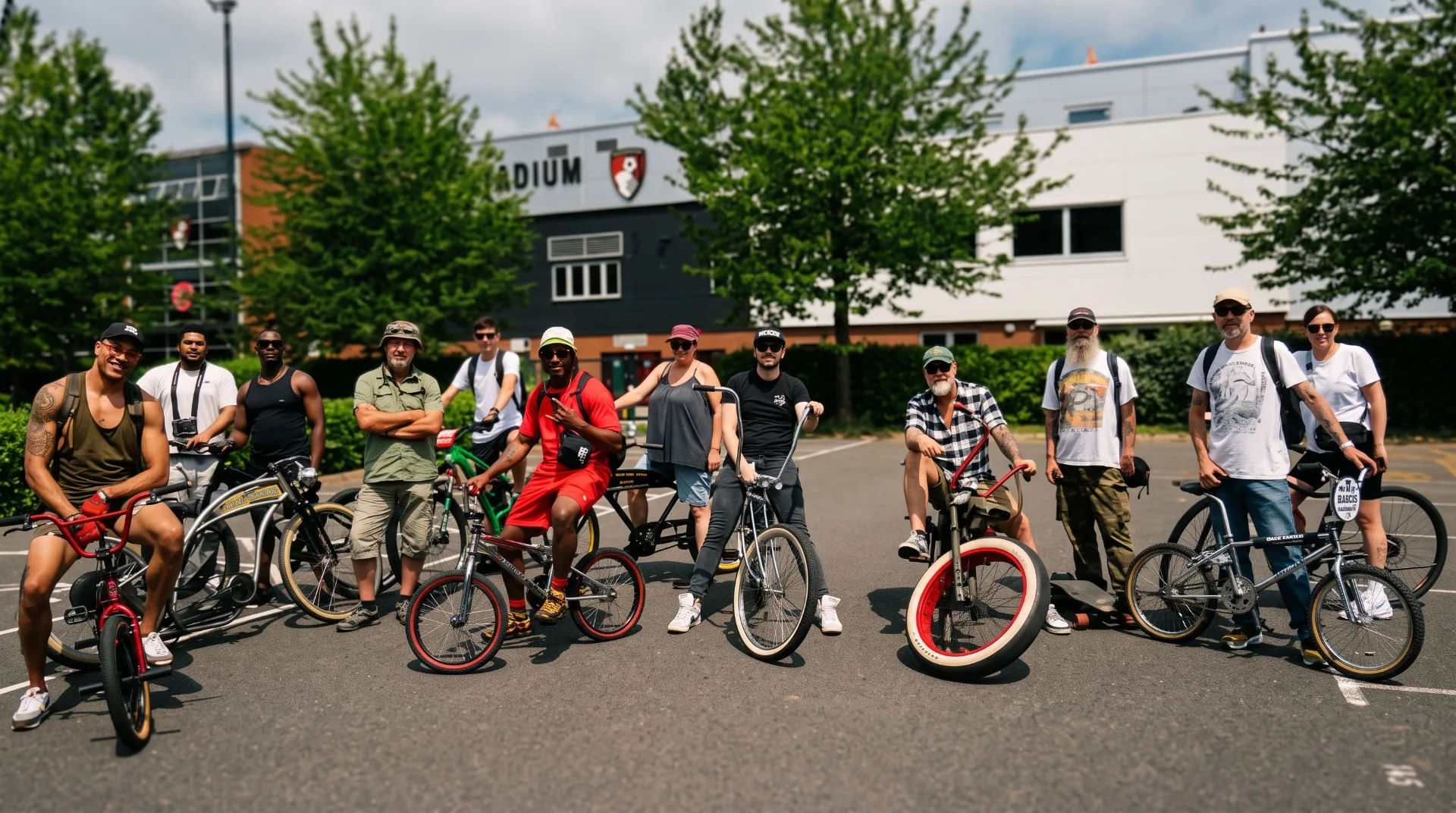 A group of cyclists poses with various bikes in a parking area, surrounded by trees and a building in the background.
