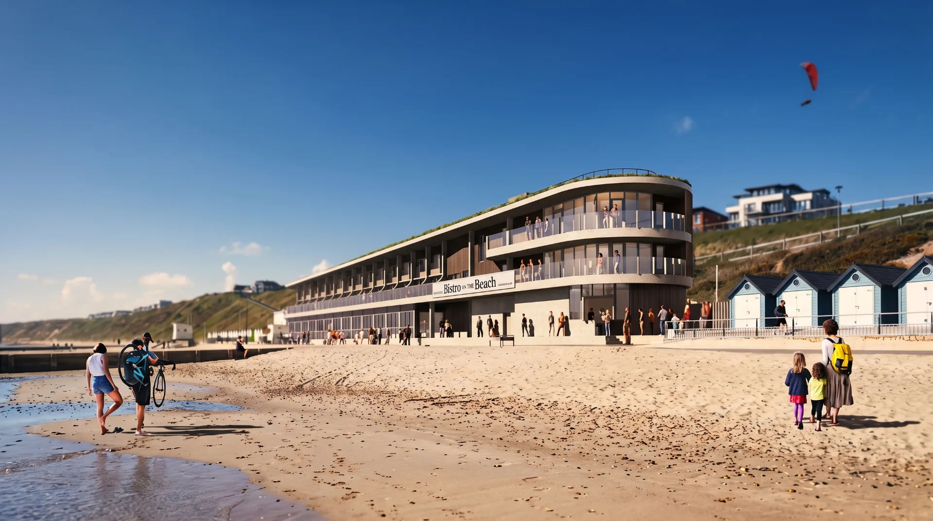 Modern Shore Retreat Apartments with a beachside bistro and people enjoying the sandy shore