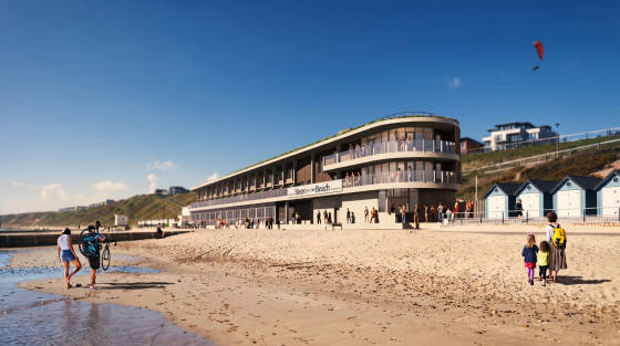 Modern bistro building on the beach with people walking and enjoying the sun