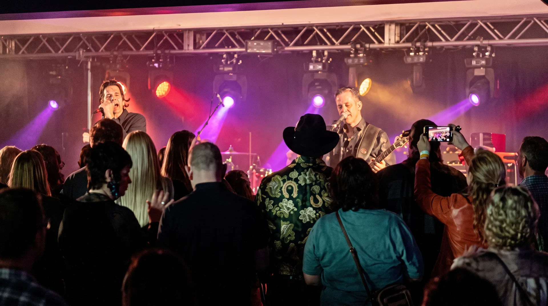 A lively concert scene with a singer performing and a guitarist on stage, audience engaged in front.