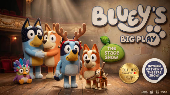 Colourful animated characters from Bluey in a theatre setting