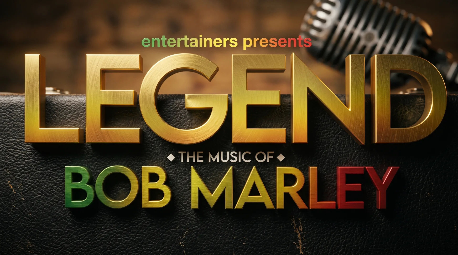 Text graphic featuring the title 'Legend: The Music of Bob Marley' with a vintage microphone in the background