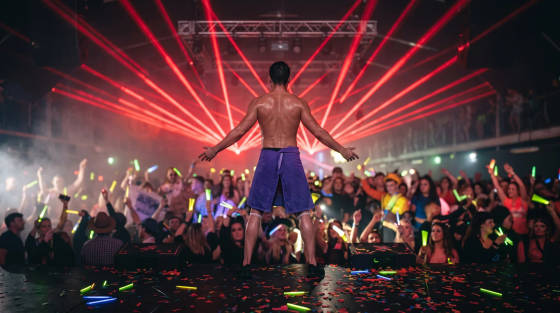 A performer with a towel on stage in a nightclub filled with lights and a cheering crowd