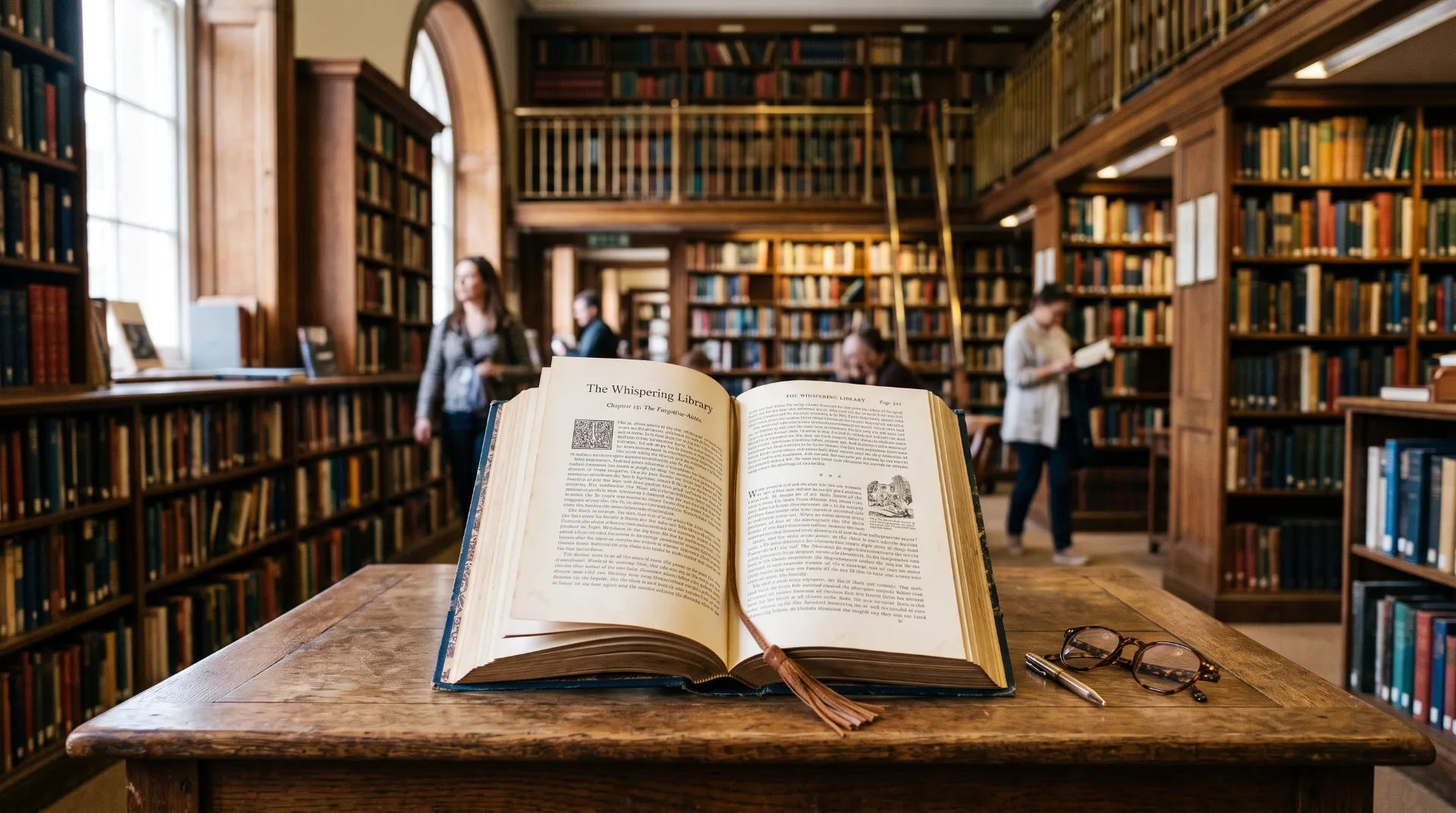 An open book on a wooden table in a library, with shelves of books in the background and people browsing.