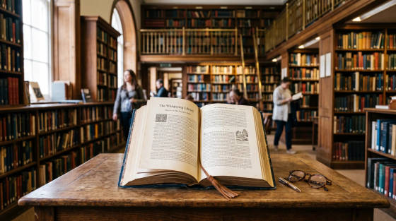 An open book on a table with library shelves and people in the background