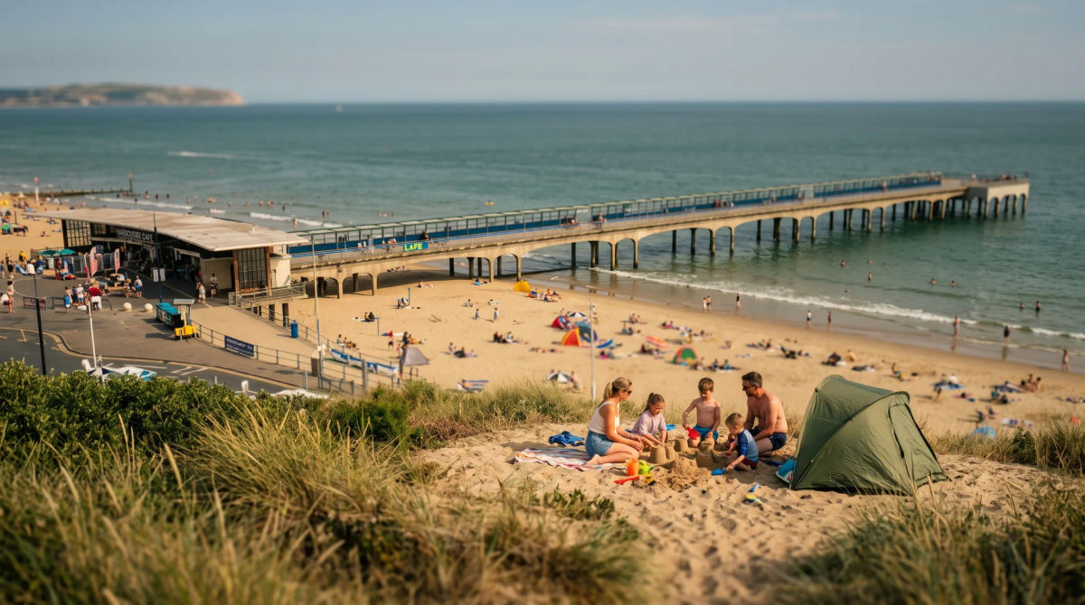 Families on the sand beside Boscombe Pier