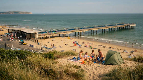 Family on the beach with Bournemouth Pier in the background