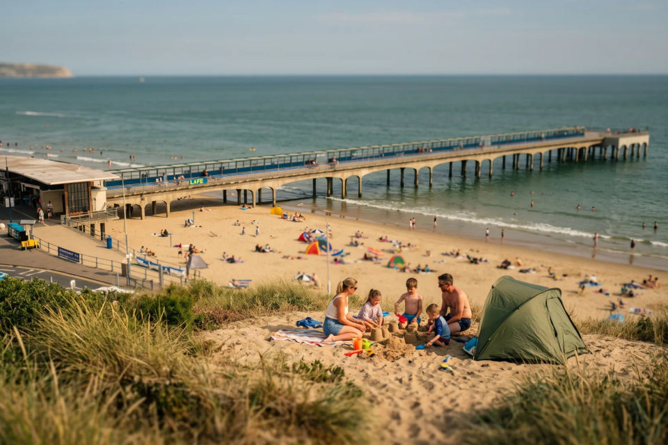 Families on the sand beside Boscombe Pier