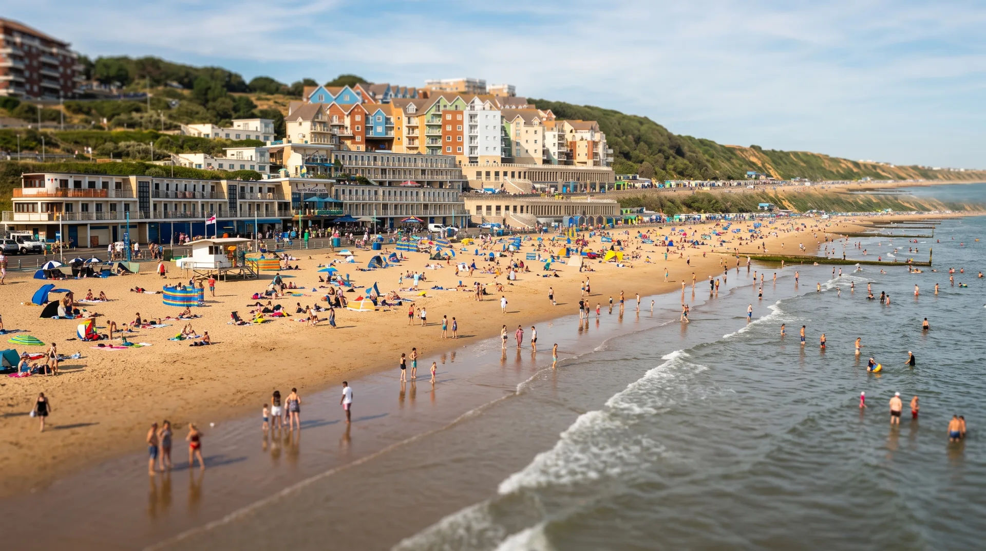 Busy Bournemouth beach with sunbathers, colourful umbrellas, and beach huts along the shore