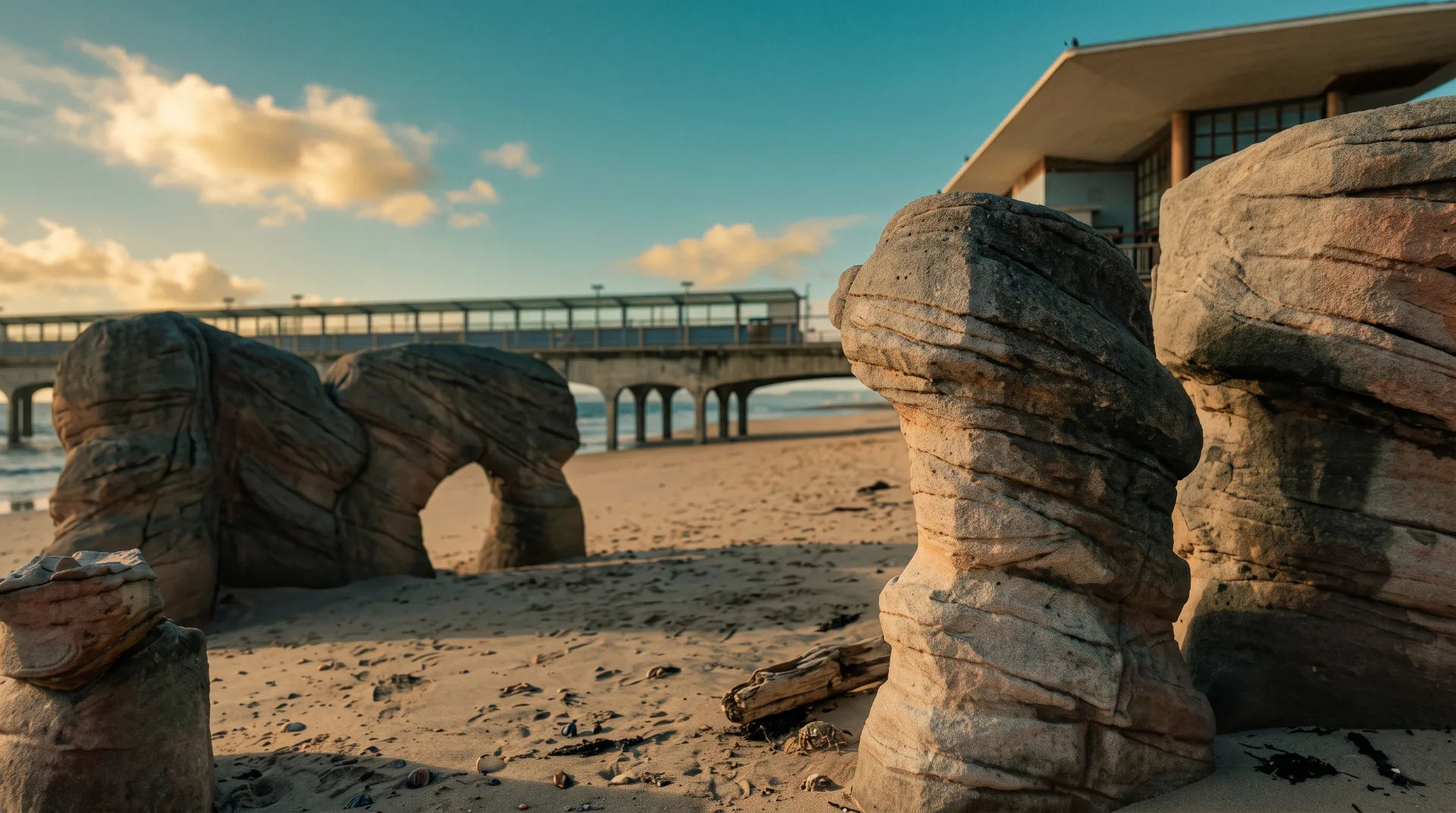 Unique rock formations on a sandy beach with a pier in the background and a clear blue sky