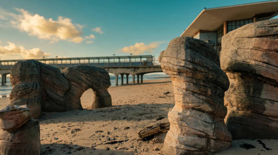 Unique rock formations on a sandy beach with a pier behind