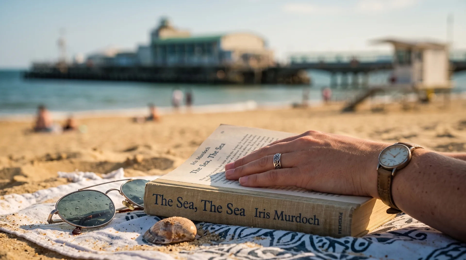 A hand rests on an open book on a beach towel, with sunglasses and a shell nearby, and the Bournemouth pier in the background.