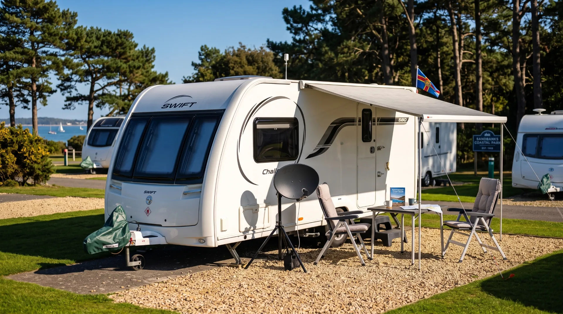 A caravan with an awning and outdoor seating on a grassy area, surrounded by trees and a view of the sea.