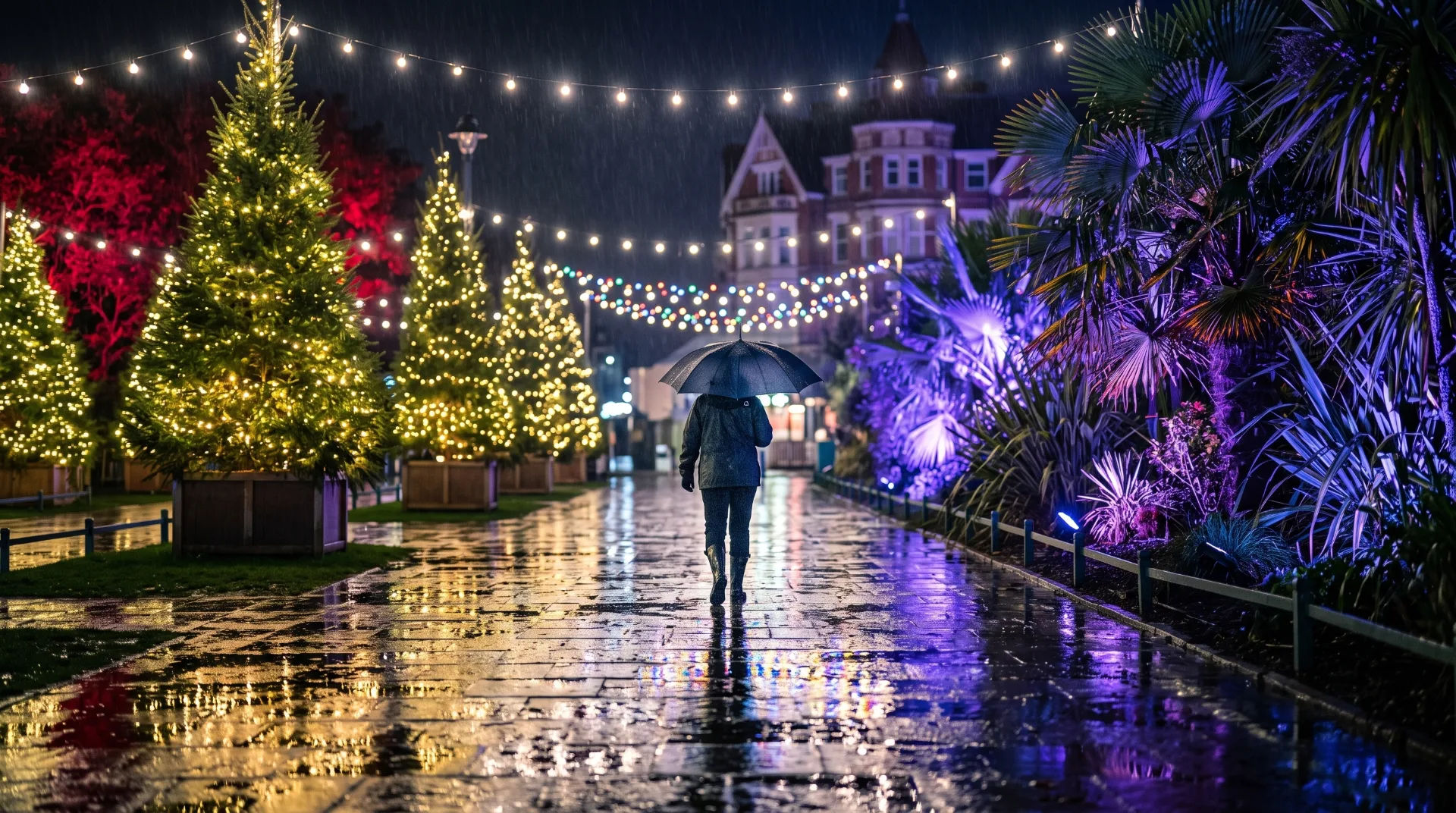 A person walks with an umbrella along a wet pathway lined with illuminated Christmas trees and festive lights at night.