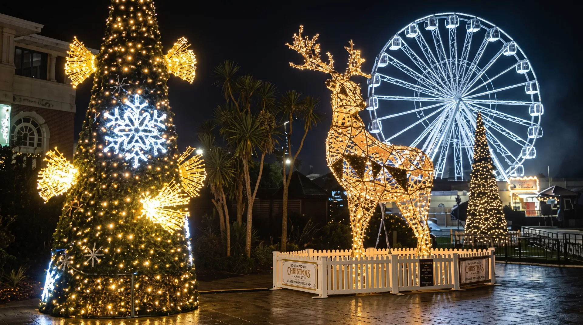 Illuminated Christmas tree and reindeer with a ferris wheel in the background at night