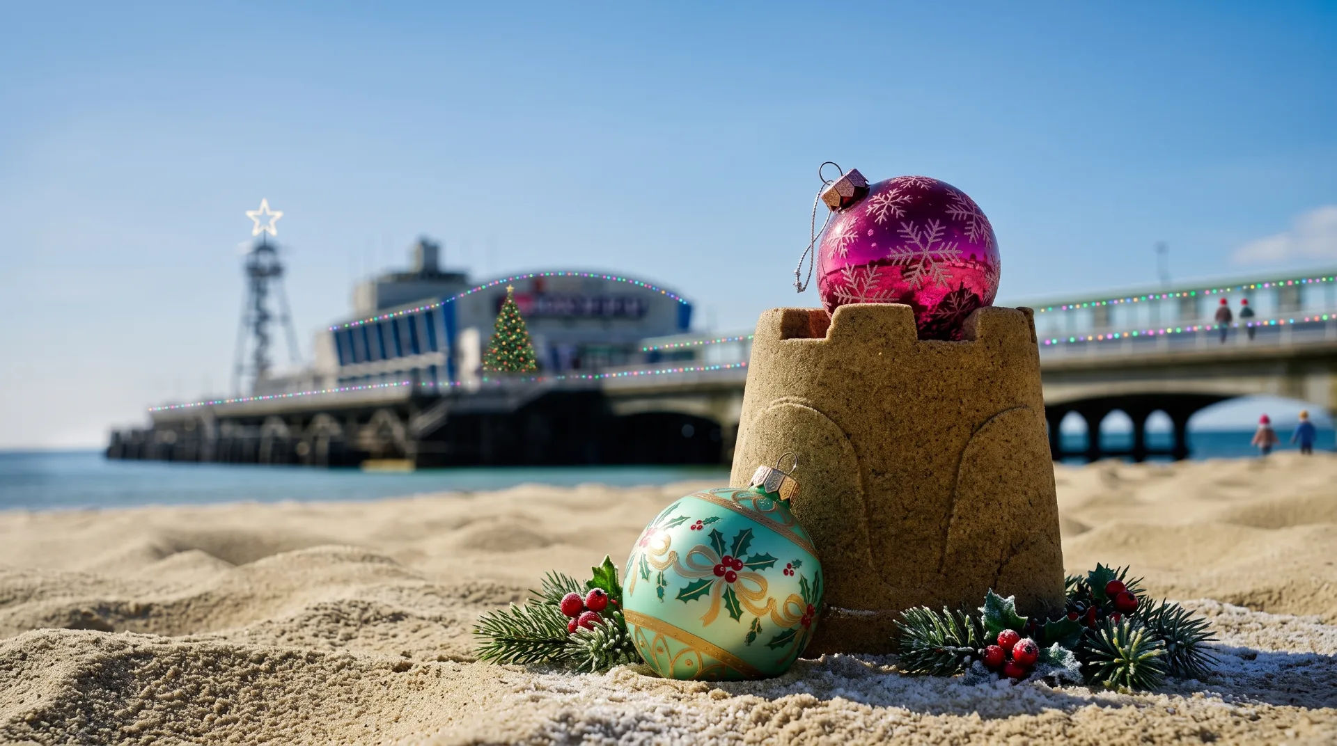 A sandcastle with Christmas ornaments and decorations on a sandy beach, with a pier in the background.