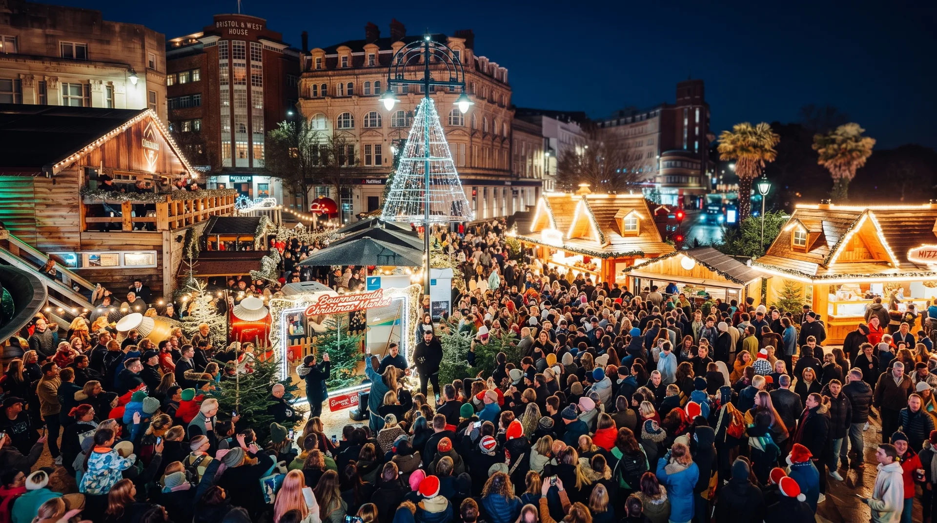 Crowd enjoying the Bournemouth Christmas Market with festive stalls and lights at night