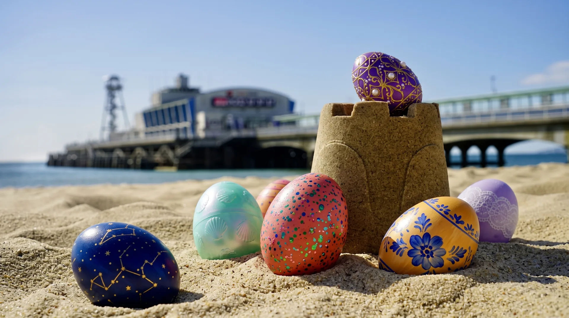Colourful Easter eggs on sandy beach with a sandcastle and pier in the background