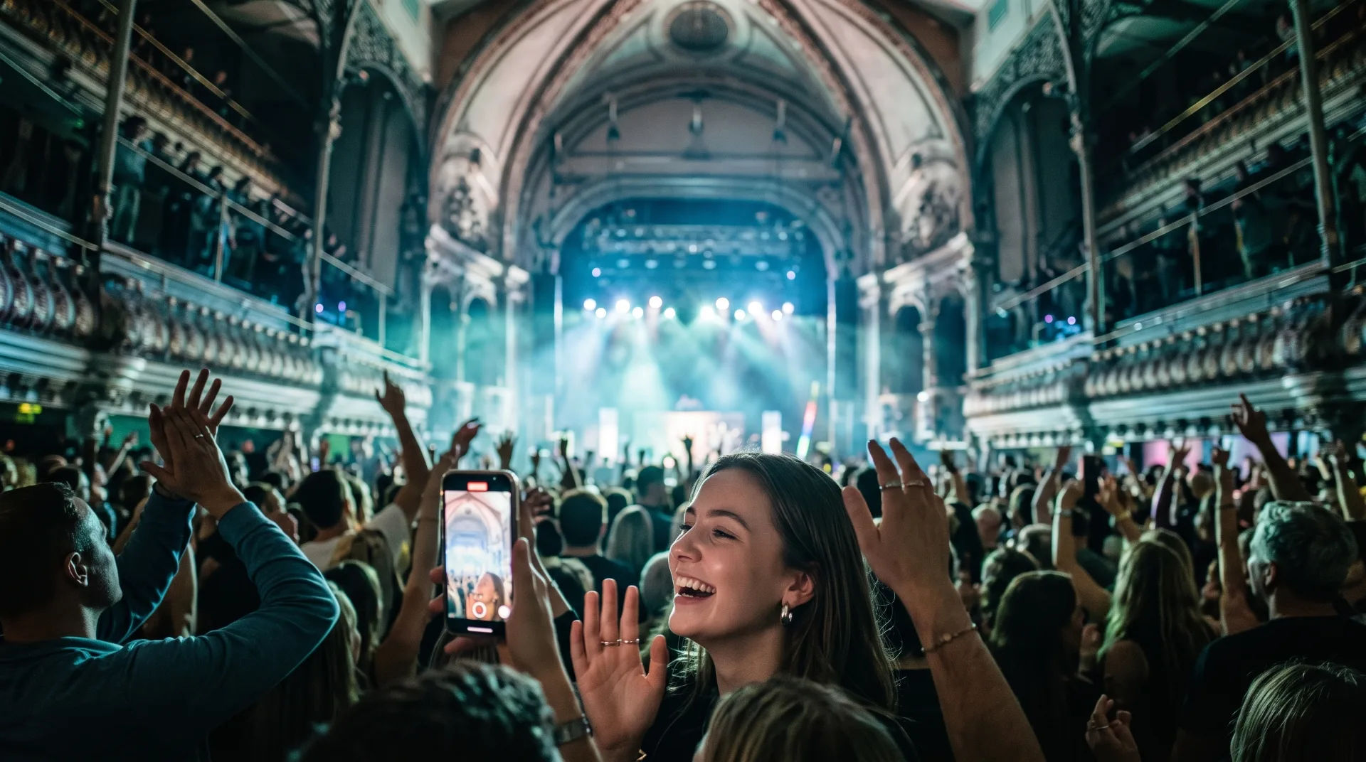 Crowd at a concert with raised hands and a smiling woman recording on her phone, vibrant stage lights in the background