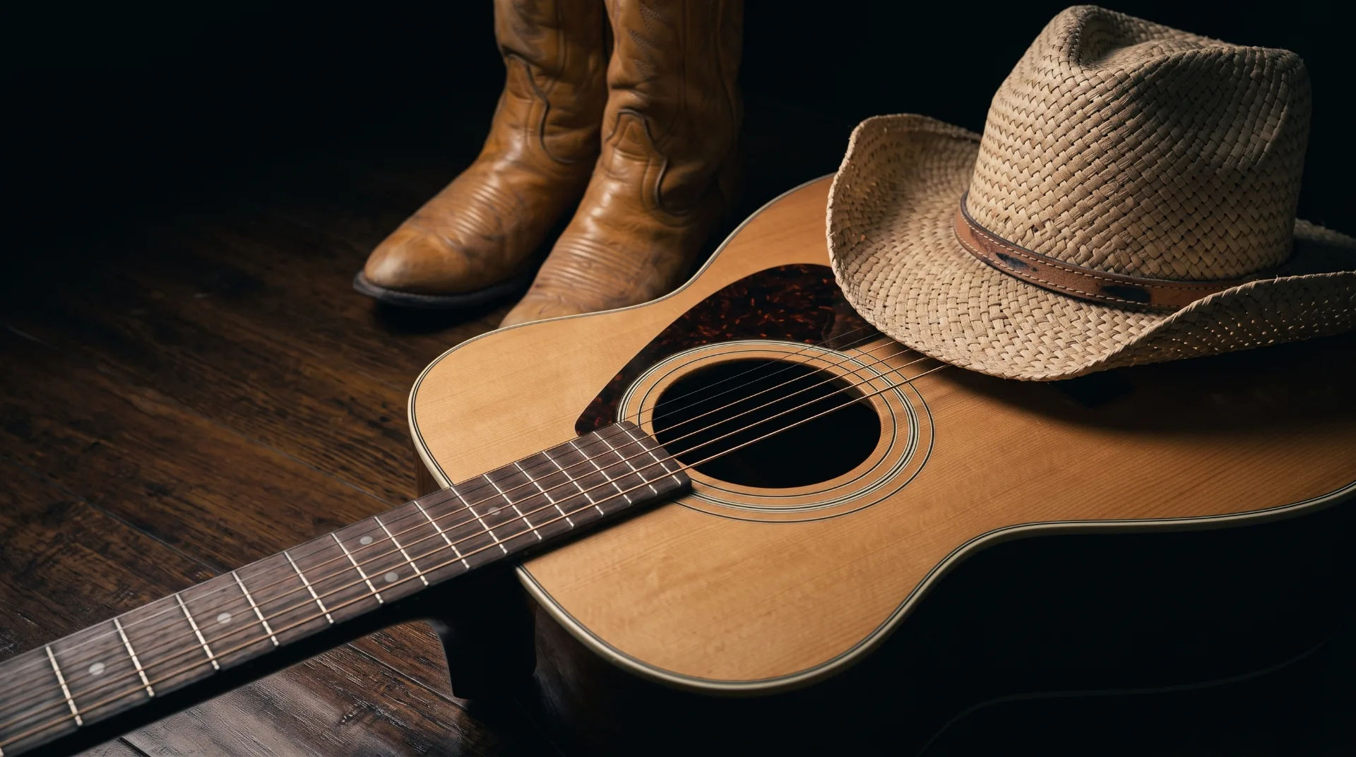 A close-up of a guitar with a straw cowboy hat and brown cowboy boots in the background on a wooden floor